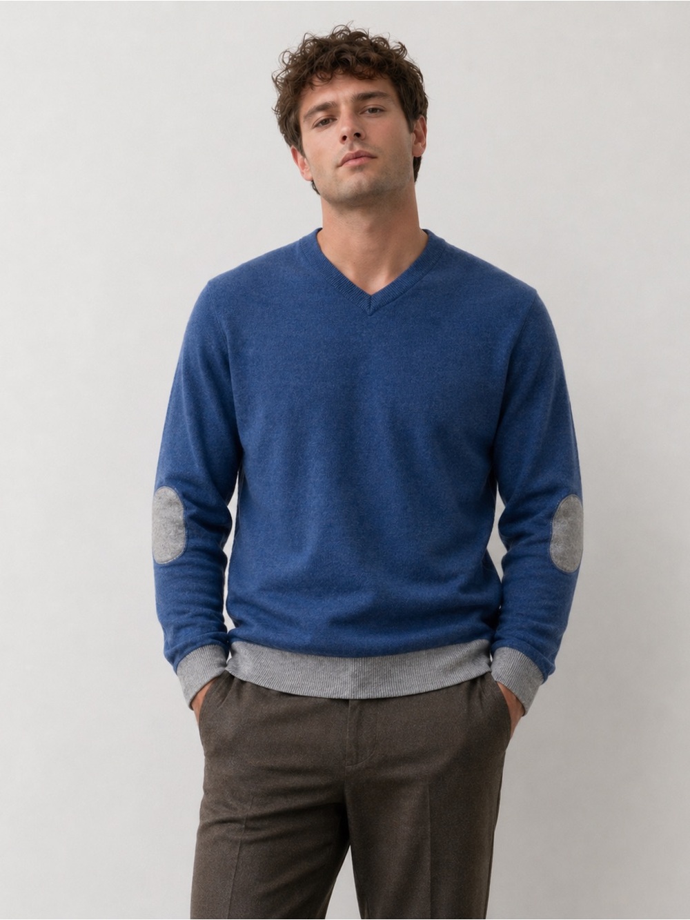 Neiman Marcus Sz L Merino Wool Blend Men's Blue V-Neck Sweater Elbow Patches